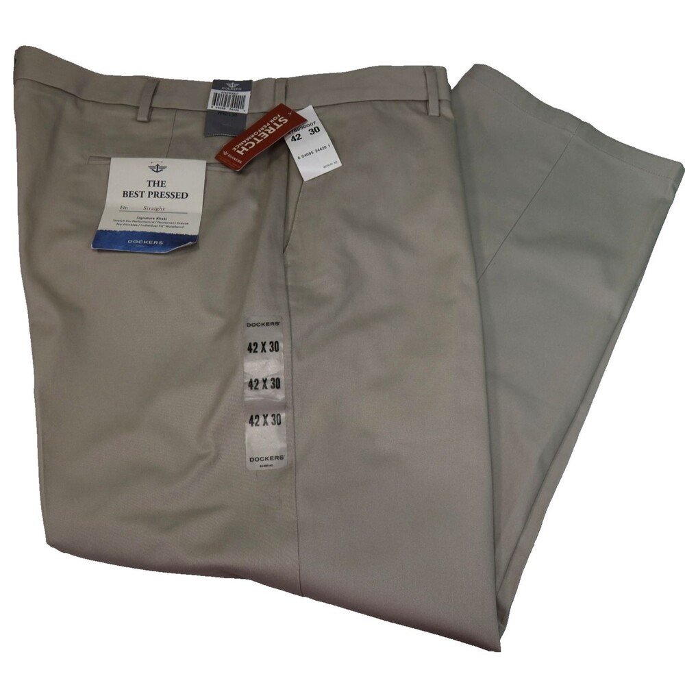 NEW DOCKERS Signature Khaki Mens 42x30 Beige Flat Front Straight Fit Stretch NWT